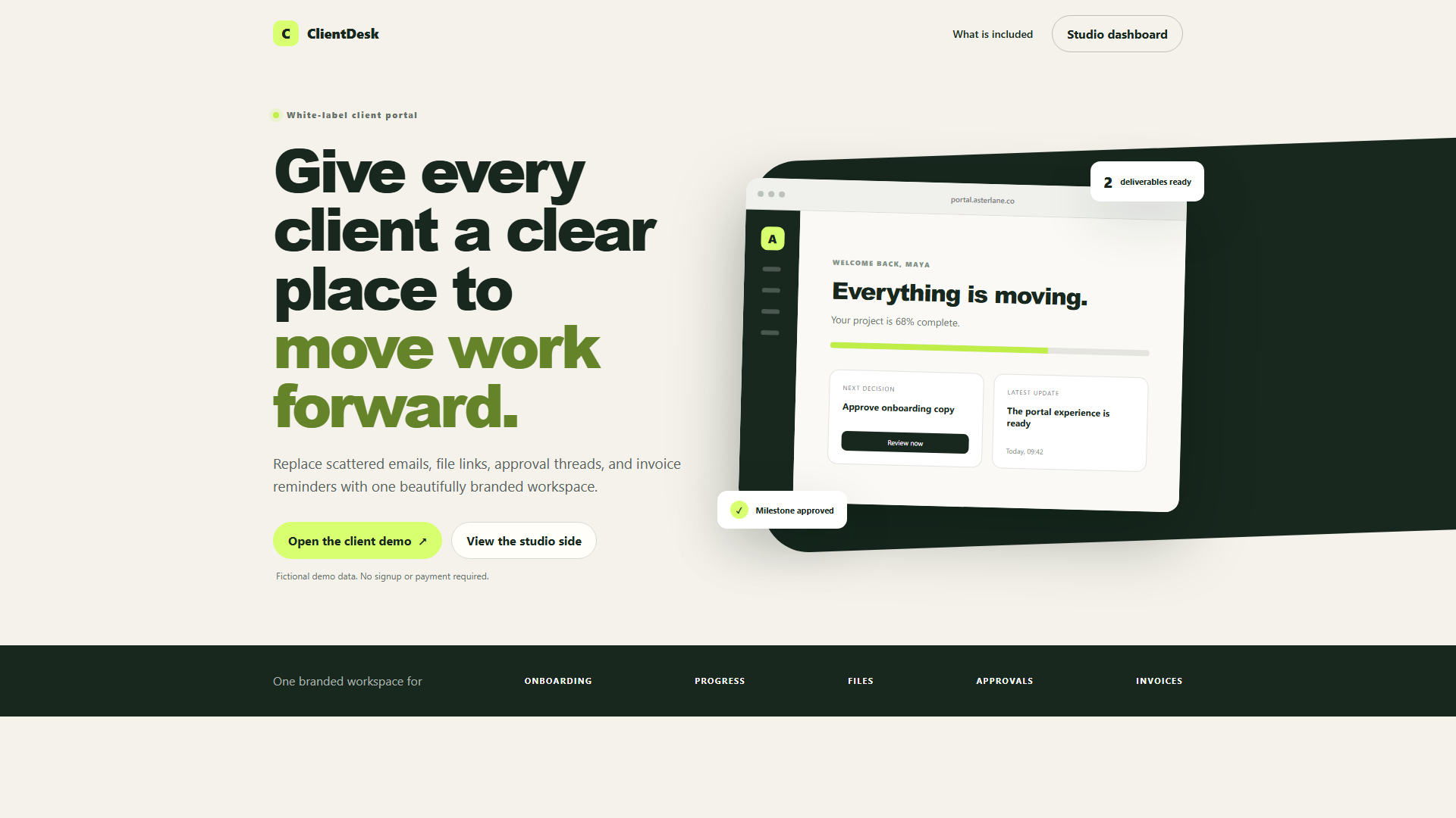 ClientDesk branded client portal and studio dashboard