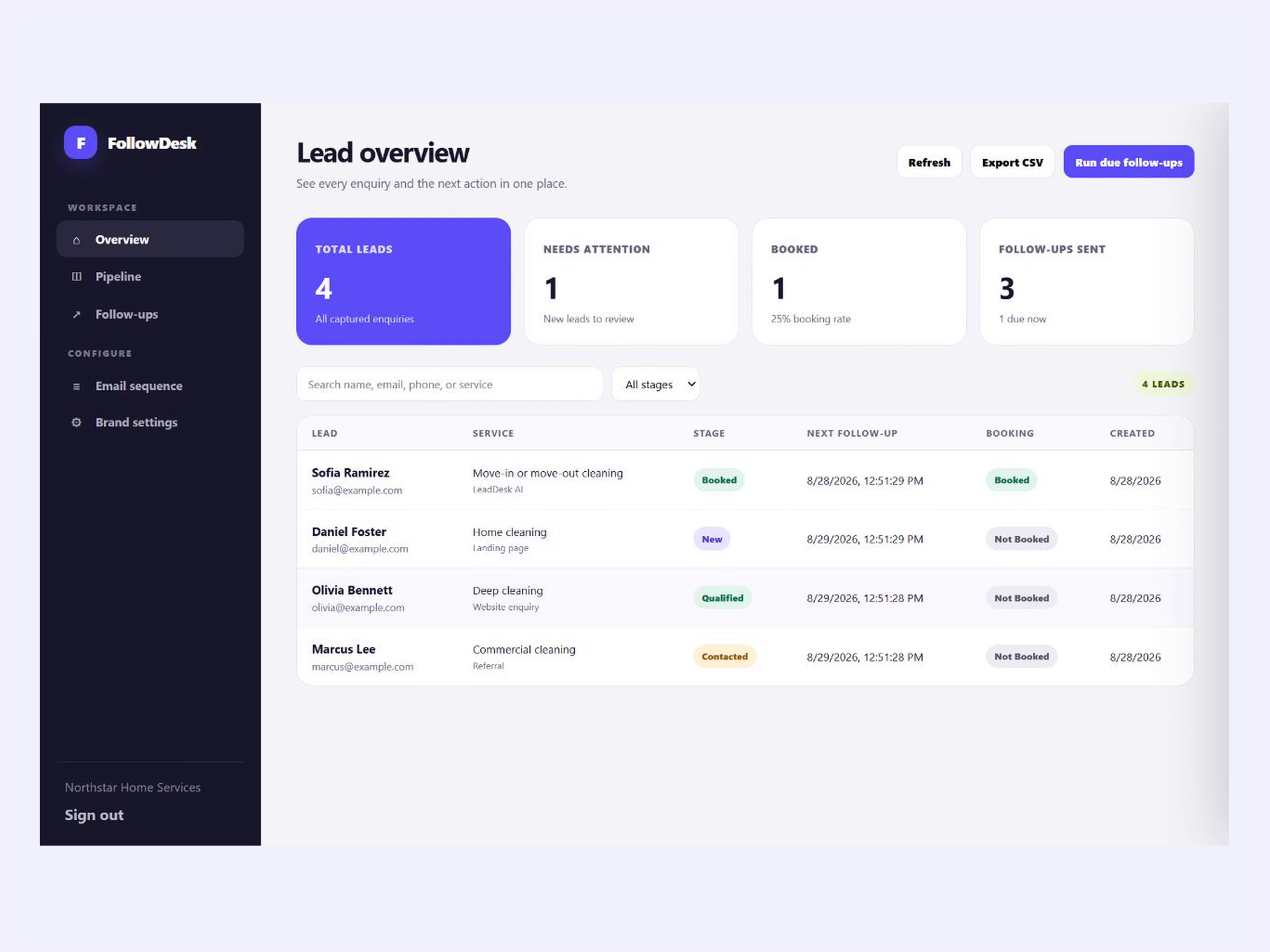 Pipeline stages and next actions make lead follow-up visible.