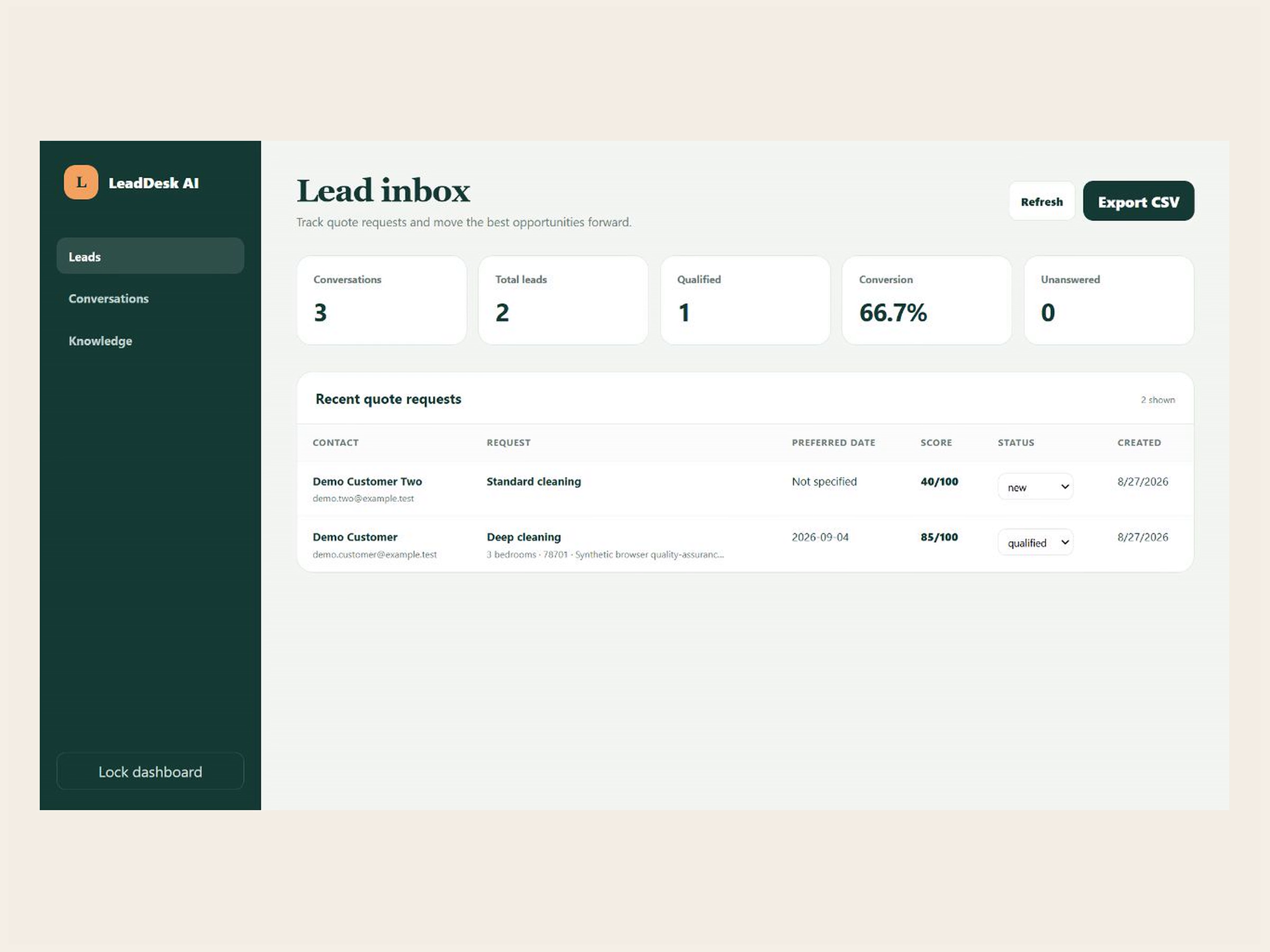 The lead workspace turns captured enquiries into records the business can act on.
