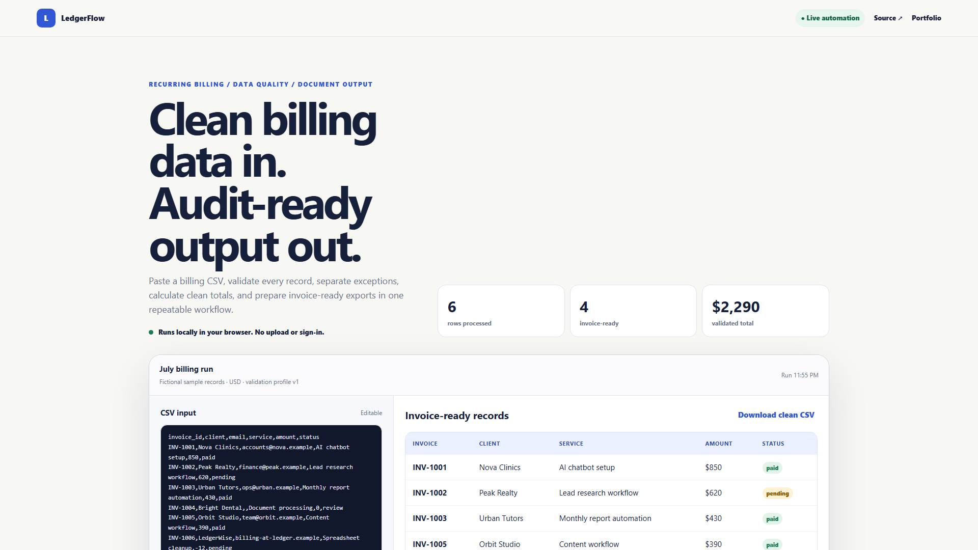 LedgerFlow billing automation dashboard