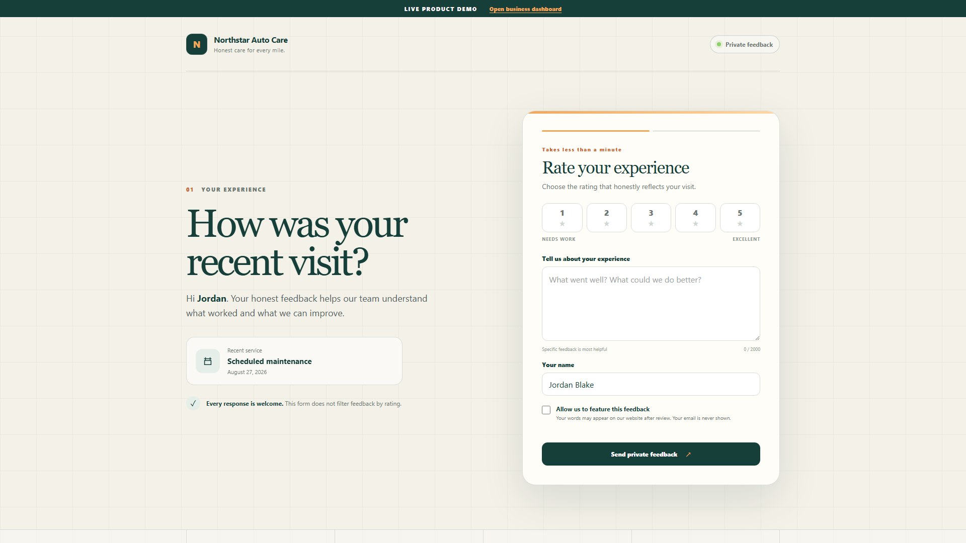 ReviewDesk branded customer feedback experience