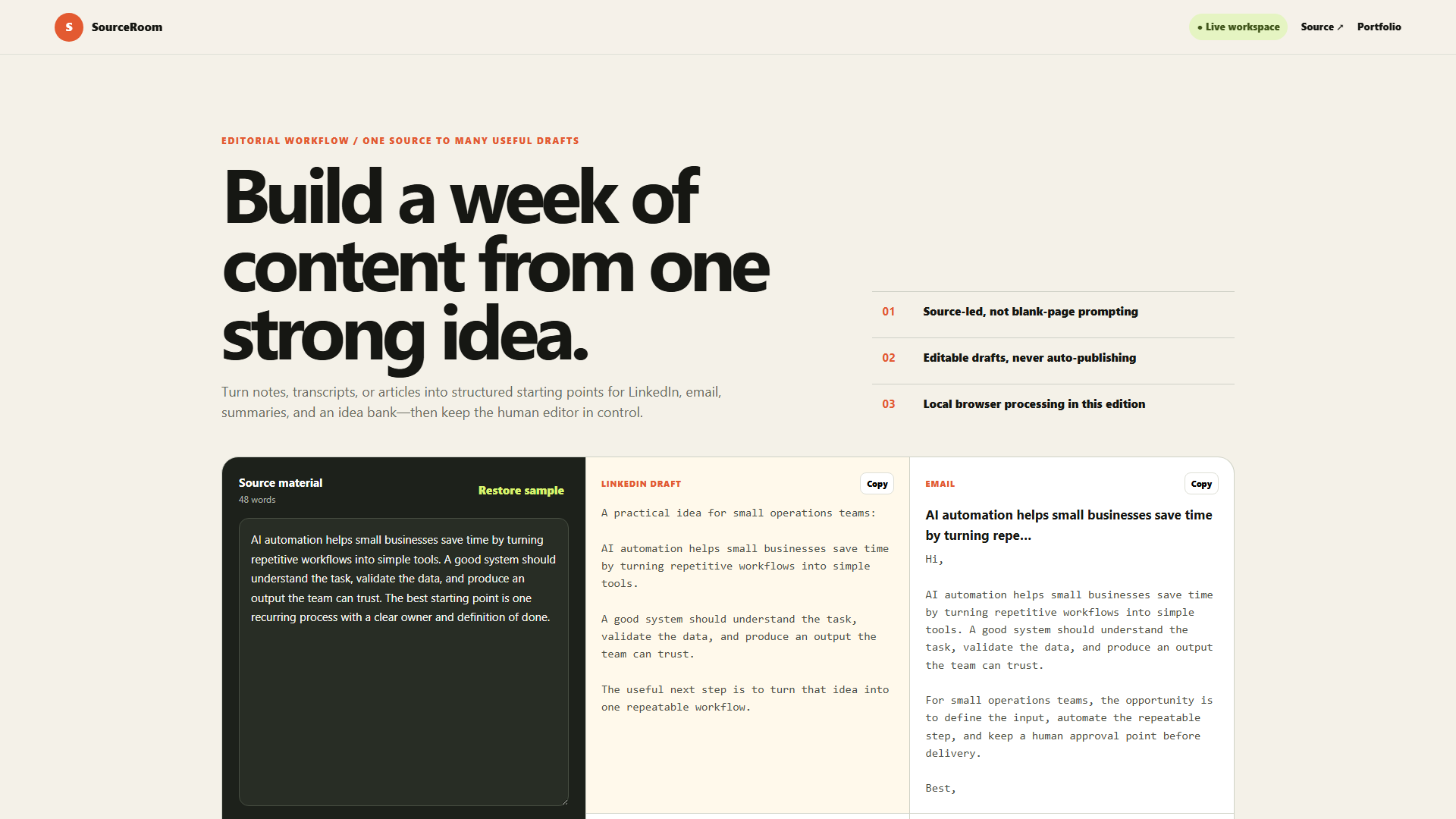 SourceRoom content repurposing workspace